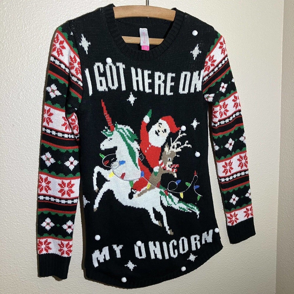 Ugly Christmas Sweater Size S Black/multicolored Sleeves Preowned Unicorn Santa